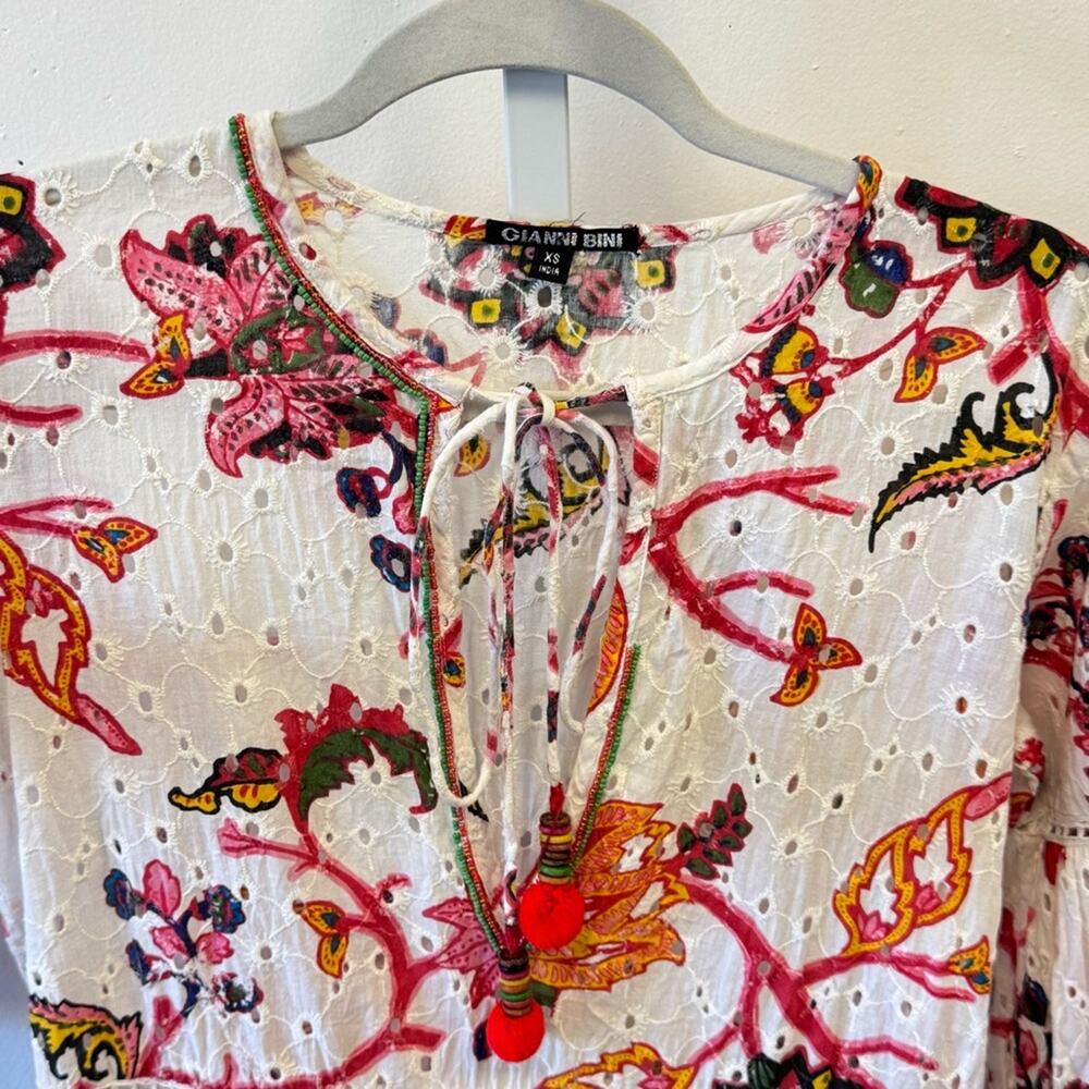 Gianni Bini 3/4 Sleeve Mini‎ Dress Babydoll Tassels Cotton Boho Floral Eyelet XS - Picture 9 of 16